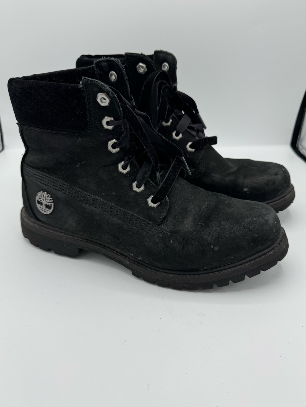 Timberland Black 6-Inch Premium Black Velvet Lace Up Boots Size 8.5 Women's